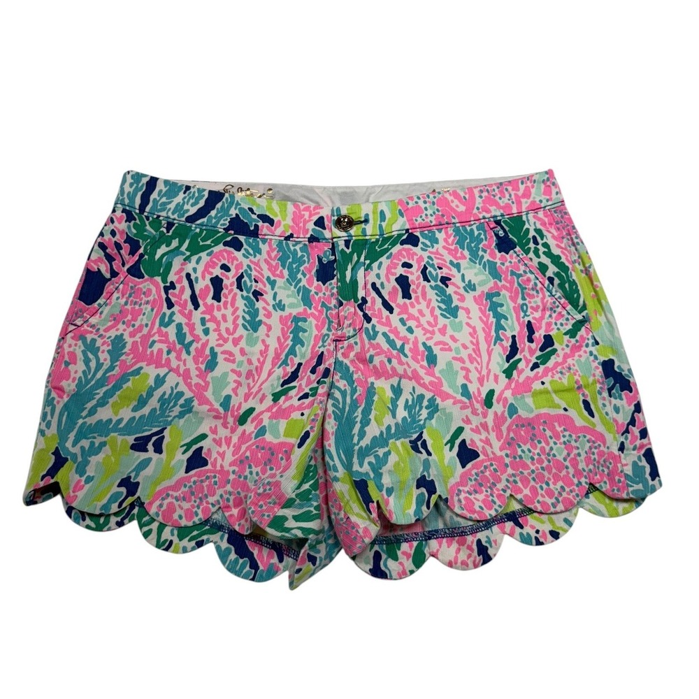 Lilly Pulitzer‎ Buttercup Shorts Size 4 Pink Green Coral Scalloped Hem Cotton